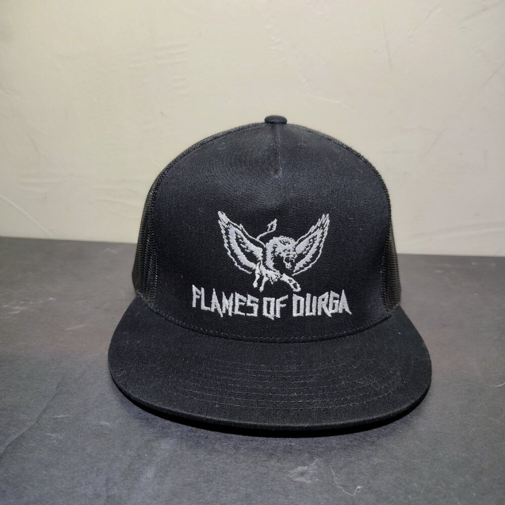 Flames Of Durga Hat Cap Snap Back Black Mesh Trucker Embroidered Lionโ Logo